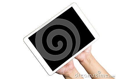 Two hands holding Blank tablet screen isoalted Stock Photo