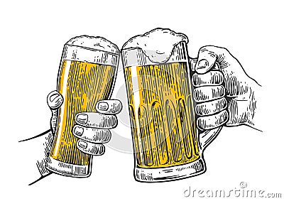 Two hands holding and clinking with two beer glasses mug. Hand drawn design element. Vintage vector engraving Vector Illustration