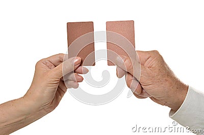 Two hands holding empty blank cards Stock Photo