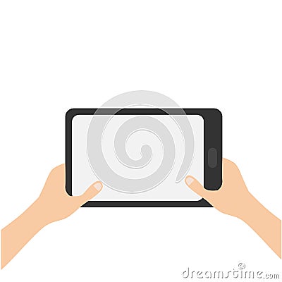 Two hands holding genering tablet PC gadget. Male female teen hand and black Tab with blank screen. Empty space template for text. Vector Illustration