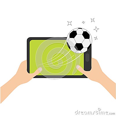 Two hands holding genering tablet PC gadget. Male female teen hand and Tab with blank screen. Soccer ball flying from touch screen Vector Illustration