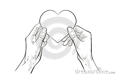 Two hands holding heart. Health care, help, charity, donate love and family concept. Vector sketch line illustration Vector Illustration