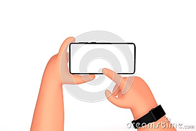 Two Hands holding horizontal orientation smartphone mockup with blank white screen. Cartoon Illustration