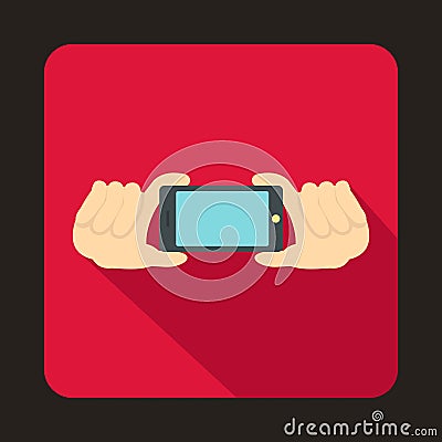 Two hands holding mobile phone icon, flat style Vector Illustration