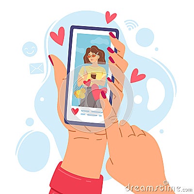 Two hands holding phone. Cartoon girl smartphone screen gets likes, social networks communication sympathy expression Vector Illustration