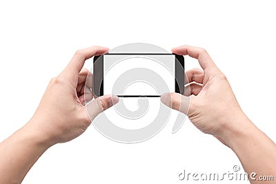 Two hands holding smartphone to take landscape photo, isolated white background Stock Photo