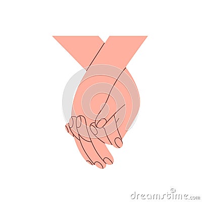 Two hands holding together. Couple in romantic relationship, family. Interlocked fingers of valentines, love partners Vector Illustration