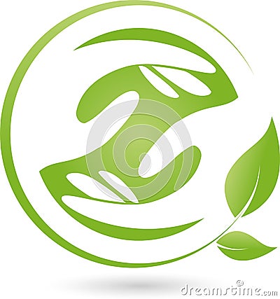 Two hands and leaves, naturopath and wellness logo Stock Photo