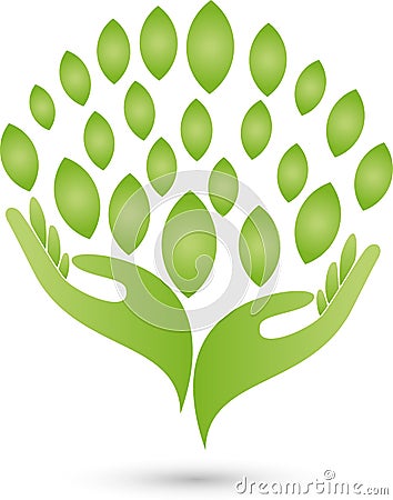 Two hands and leaves, naturopath and wellness logo Stock Photo