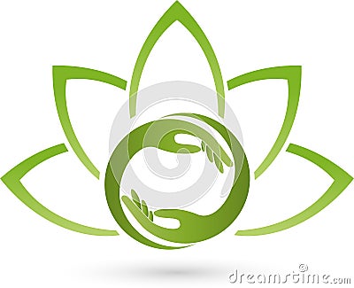 Two hands and leaves, plant, wellness and naturopathic logo Stock Photo
