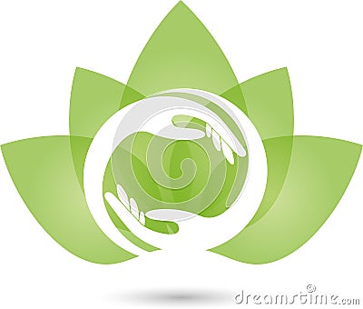 Two hands and leaves, plant, massage and wellness logo Stock Photo