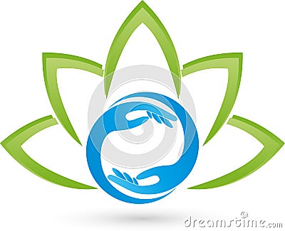 Two hands and leaves, plant, wellness and massage logo Stock Photo