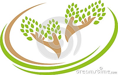 Two hands and leaves, spa and naturopaths logo, Gardener background, spa background, tree background Stock Photo