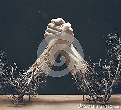 Two Hands Made of Branches Stock Photo