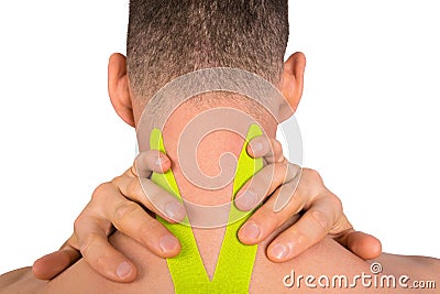 Two hands of a man holding his neck with medical tape applied to relieve pain, isolated on white Stock Photo