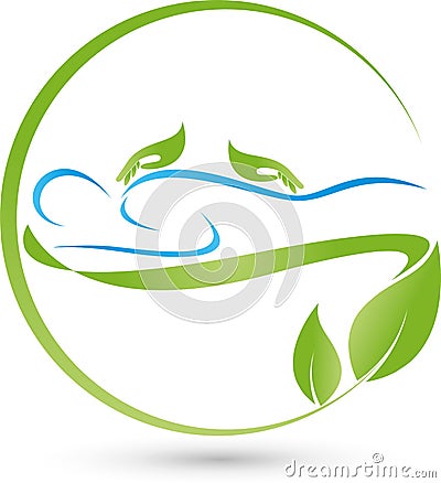 Two hands and person, massage and wellness logo Stock Photo