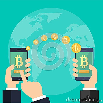 Two hands with phones and with golden bitcoins on a blue background. Vector stacked golden coins. Vector Illustration