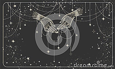 Two hands with precious threads on a black cosmic background. Boho design for palmistry, fortune teller divination, witch. Magic Vector Illustration