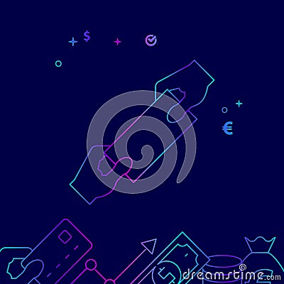 Two Hands Pulling on Ends of Money Bill Vector Line Icon, Illustration on a Dark Blue Background. Related Bottom Border Vector Illustration