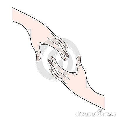 Two hands reach out to each other. Vector concept illustration. Trust, help, care sign. Vector Illustration