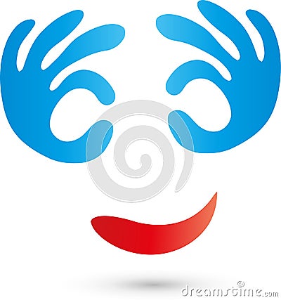 Two hands and smile, face and person logo Stock Photo