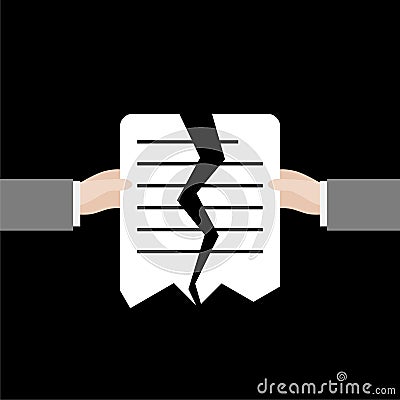 Two hands are tearing up a signed paper isolated on black background Vector Illustration