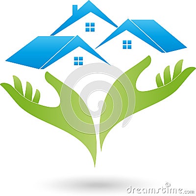 Two hands and three houses, roofs, real estate logo Stock Photo