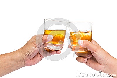 Two hands toasting whiskey on the rock with white background Stock Photo