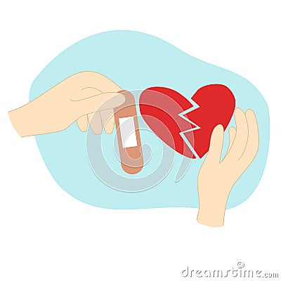 Two hands trying to repair red broken heart with patch, reconciliation concept, doodle style vector Vector Illustration