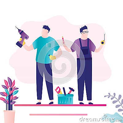 Two handsome repairman holds drill and tape. Repair service, banner template. Team of servicemen in uniform. Male workers and box Vector Illustration