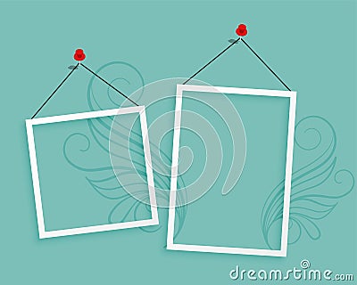 Two hanging photo frames blank background design Vector Illustration