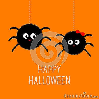 Two hanging spider insect family couple. Boy Girl. Happy Halloween card. Flat design Vector Illustration