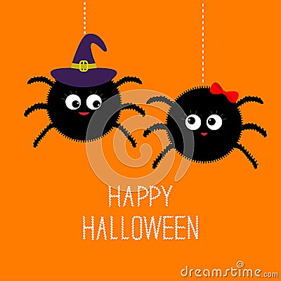 Two hanging spider insect family couple. Boy Girl. Witch hat. Happy Halloween card. Flat design Vector Illustration