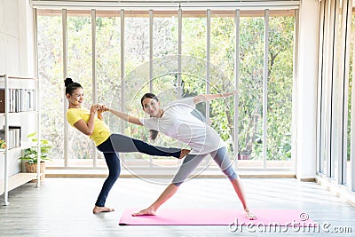 Two happy asian women in yoga poses in yoga studio with natural light setting scene / exercise concept / yoga practice / copy Stock Photo