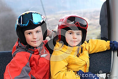 Two happy boys in cable car Stock Photo