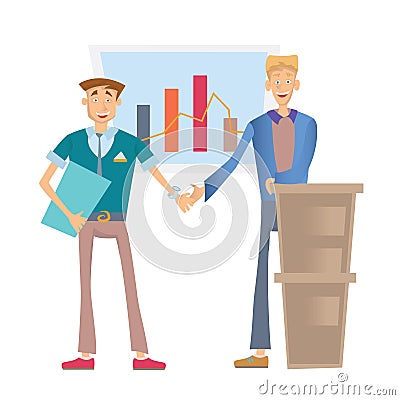 Two happy business people shaking hands, standing at a flip chart with a financial graph. Vector illustration, isolated Vector Illustration