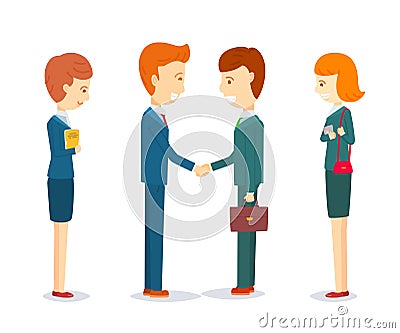 Two happy businessmen shaking hand to sign agreement Vector Illustration