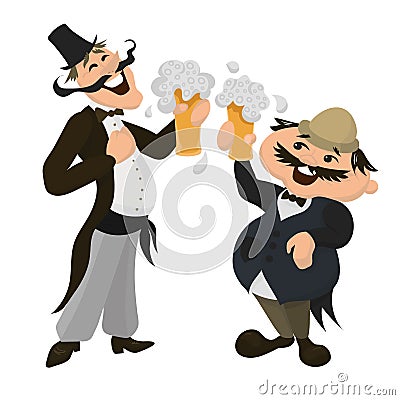 Two happy Englishmen drinking beer in a traditional pub. British Vector Illustration