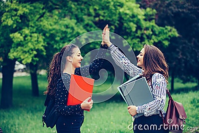 Two happy female students are giving high, celebrating success for approved exams in a park Stock Photo