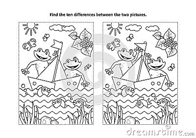 Two happy frogs in a boat picture puzzle and coloring page Vector Illustration