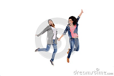 Two happy girls in the air Stock Photo