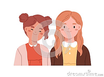 Two happy girls friends, face portrait. Cute children couple. Smiling kids sisters together. Positive lovely female Vector Illustration