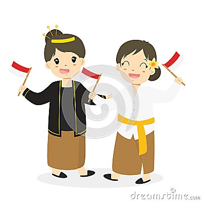 Javanese and Bali Kids Holding Indonesian Flag Cartoon Vector Vector Illustration