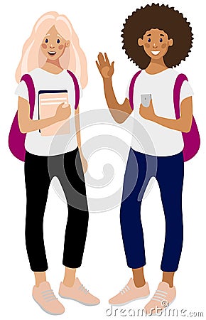 Two happy girls students, Caucasian girl with books and African American with a smartphone. Vector Illustration