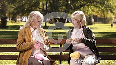Two happy grandmothers knitting for their grandchildren sitting on bench in park Stock Photo