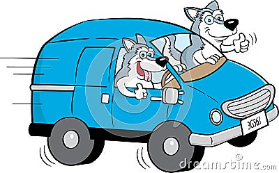 Two happy husky dogs driving a van. Vector Illustration