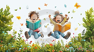 Two happy kids jumping and reading books in the meadow with butterflies illustration Cartoon Illustration