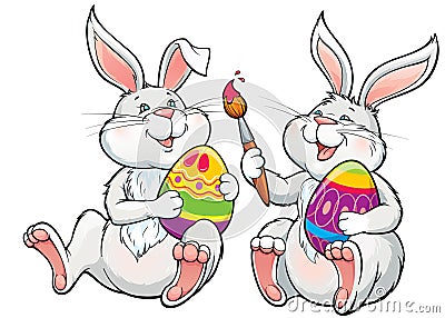 Two happy lovely rabbits paint the easter eggs Vector Illustration