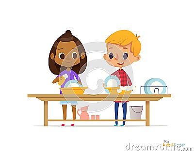 Two happy multiracial kids washing dishes isolated on white background. Children cleaning tableware. Montessori engaging education Vector Illustration