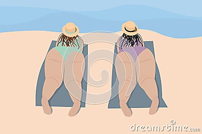 Two happy overweight women, on the beach on towels by the sea Vector Illustration